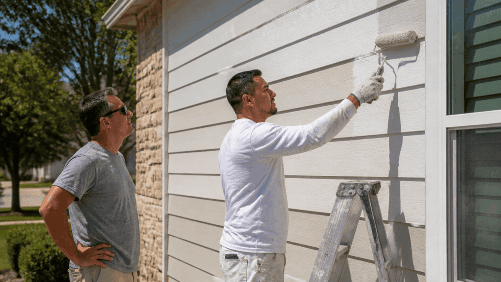 How To Use Cool Paint Benefits For Hot Weather Homes Now 2 American homeowner painting sunlit siding to show cool paint benefits for hot weather homes in summer heat