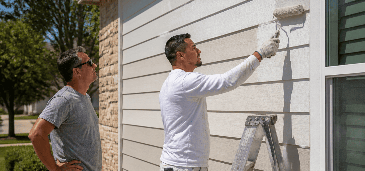 American homeowner painting sunlit siding to show cool paint benefits for hot weather homes in summer heat