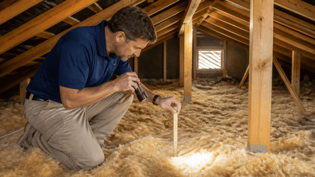 Home inspector checking attic insulation benefits in a Farmers Branch house during fall