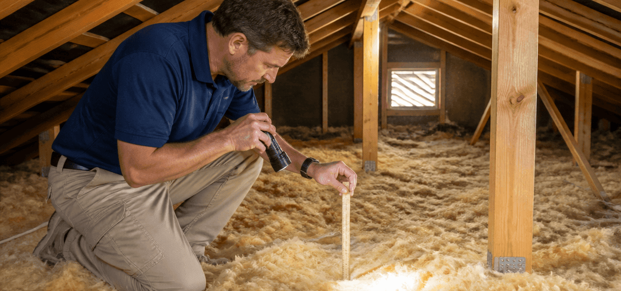 Insulation Services Benefits: Tips To Save More Now 1 Home inspector checking attic insulation benefits in a Farmers Branch house during fall