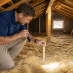 Home inspector checking attic insulation benefits in a Farmers Branch house during fall