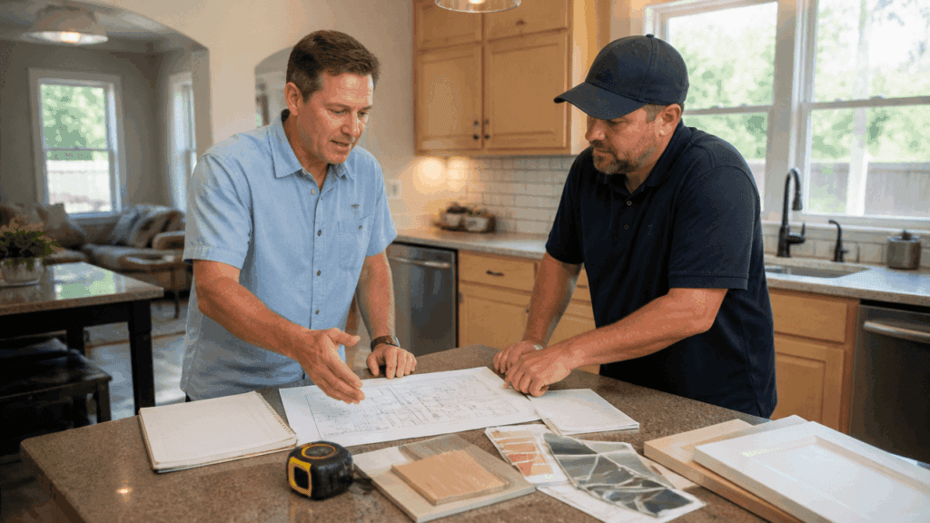 Kitchen Remodeling Tips: 8 Smart Ideas To Use Now 1 American homeowner and contractor reviewing kitchen remodeling tips in a bright Arlington kitchen