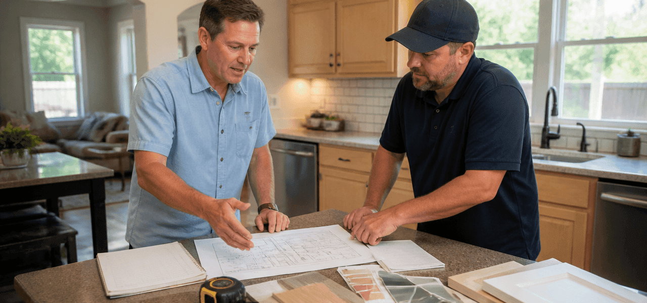 American homeowner and contractor reviewing kitchen remodeling tips in a bright Arlington kitchen