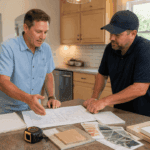 American homeowner and contractor reviewing kitchen remodeling tips in a bright Arlington kitchen